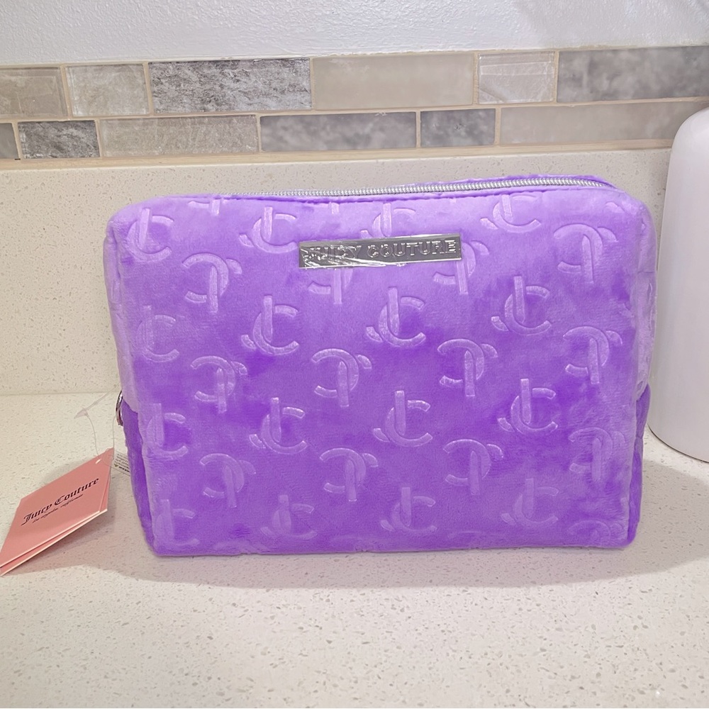 NEW Juicy Couture Purple Velour Embossed Monogram Makeup Bag Rhinestone Charm